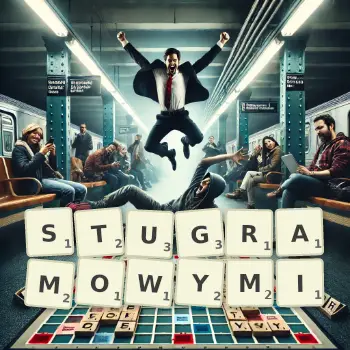 Kreatywna ilustracja do gry w Scrabble ze słowem STUGRAMOWYMI ułożonym z płytek na planszy.