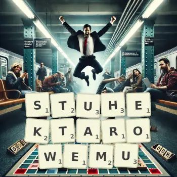 Kreatywna ilustracja do gry w Scrabble ze słowem STUHEKTAROWEMU ułożonym z płytek na planszy.