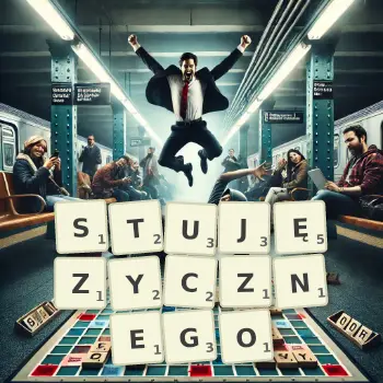 Kreatywna ilustracja do gry w Scrabble ze słowem STUJĘZYCZNEGO ułożonym z płytek na planszy.