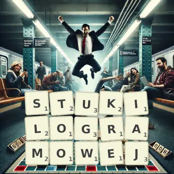 Kreatywna ilustracja do gry w Scrabble ze słowem STUKILOGRAMOWEJ ułożonym z płytek na planszy.