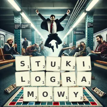 Kreatywna ilustracja do gry w Scrabble ze słowem STUKILOGRAMOWY ułożonym z płytek na planszy.