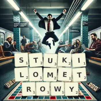 Kreatywna ilustracja do gry w Scrabble ze słowem STUKILOMETROWY ułożonym z płytek na planszy.