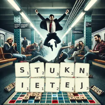 Kreatywna ilustracja do gry w Scrabble ze słowem STUKNIETEJ ułożonym z płytek na planszy.