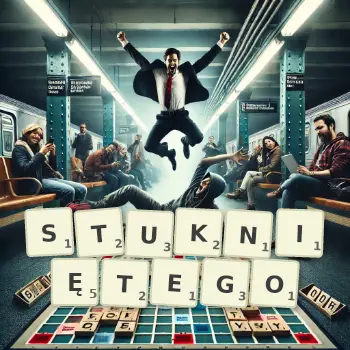 Kreatywna ilustracja do gry w Scrabble ze słowem STUKNIĘTEGO ułożonym z płytek na planszy.