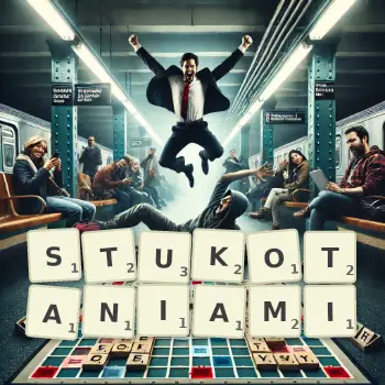 Kreatywna ilustracja do gry w Scrabble ze słowem STUKOTANIAMI ułożonym z płytek na planszy.