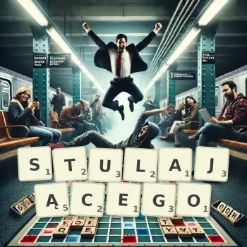 Kreatywna ilustracja do gry w Scrabble ze słowem STULAJĄCEGO ułożonym z płytek na planszy.
