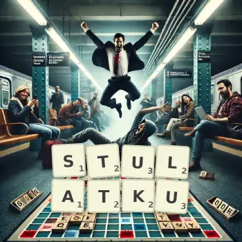 Kreatywna ilustracja do gry w Scrabble ze słowem STULATKU ułożonym z płytek na planszy.