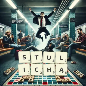 Kreatywna ilustracja do gry w Scrabble ze słowem STULICHĄ ułożonym z płytek na planszy.