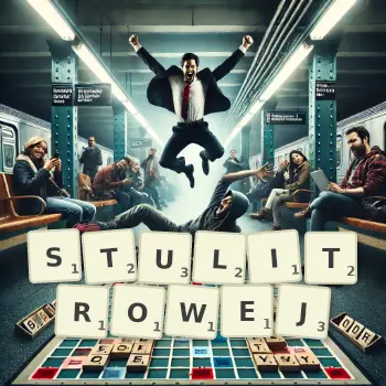 Kreatywna ilustracja do gry w Scrabble ze słowem STULITROWEJ ułożonym z płytek na planszy.