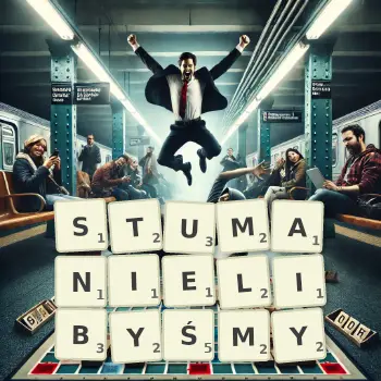 Kreatywna ilustracja do gry w Scrabble ze słowem STUMANIELIBYŚMY ułożonym z płytek na planszy.