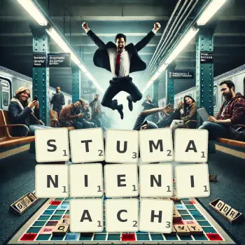 Kreatywna ilustracja do gry w Scrabble ze słowem STUMANIENIACH ułożonym z płytek na planszy.