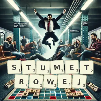 Kreatywna ilustracja do gry w Scrabble ze słowem STUMETROWEJ ułożonym z płytek na planszy.