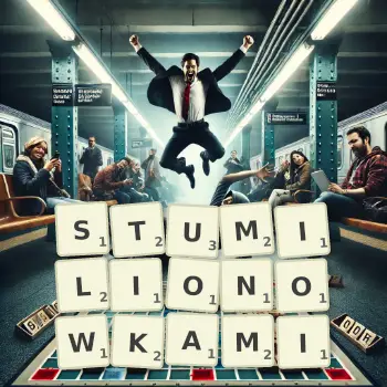 Kreatywna ilustracja do gry w Scrabble ze słowem STUMILIONOWKAMI ułożonym z płytek na planszy.