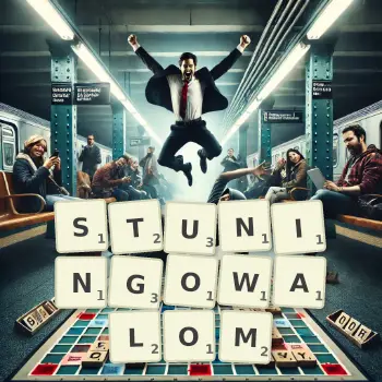 Kreatywna ilustracja do gry w Scrabble ze słowem STUNINGOWALOM ułożonym z płytek na planszy.