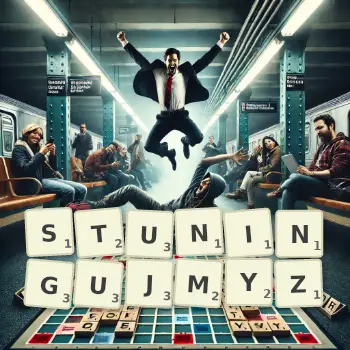 Kreatywna ilustracja do gry w Scrabble ze słowem STUNINGUJMYZ ułożonym z płytek na planszy.