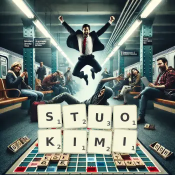Kreatywna ilustracja do gry w Scrabble ze słowem STUOKIMI ułożonym z płytek na planszy.