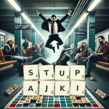 Kreatywna ilustracja do gry w Scrabble ze słowem STUPAJKI ułożonym z płytek na planszy.