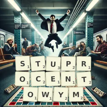 Kreatywna ilustracja do gry w Scrabble ze słowem STUPROCENTOWYM ułożonym z płytek na planszy.