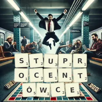 Kreatywna ilustracja do gry w Scrabble ze słowem STUPROCENTÓWCE ułożonym z płytek na planszy.