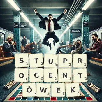 Kreatywna ilustracja do gry w Scrabble ze słowem STUPROCENTÓWEK ułożonym z płytek na planszy.