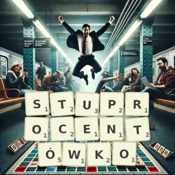 Kreatywna ilustracja do gry w Scrabble ze słowem STUPROCENTÓWKO ułożonym z płytek na planszy.