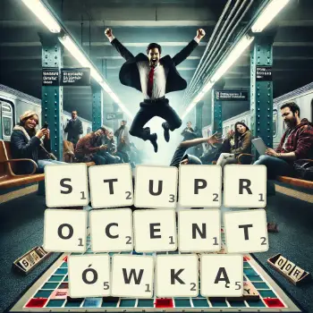 Kreatywna ilustracja do gry w Scrabble ze słowem STUPROCENTÓWKĄ ułożonym z płytek na planszy.