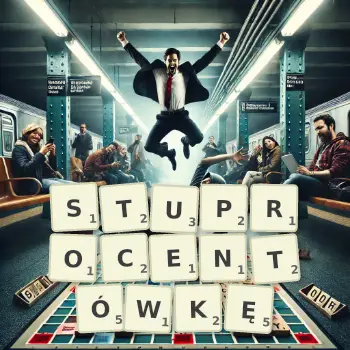 Kreatywna ilustracja do gry w Scrabble ze słowem STUPROCENTÓWKĘ ułożonym z płytek na planszy.