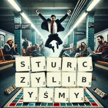 Kreatywna ilustracja do gry w Scrabble ze słowem STURCZYLIBYŚMY ułożonym z płytek na planszy.
