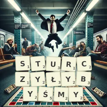 Kreatywna ilustracja do gry w Scrabble ze słowem STURCZYŁYBYŚMY ułożonym z płytek na planszy.