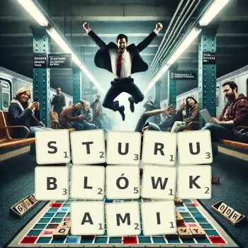 Kreatywna ilustracja do gry w Scrabble ze słowem STURUBLÓWKAMI ułożonym z płytek na planszy.