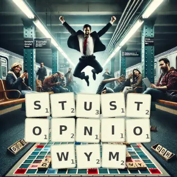 Kreatywna ilustracja do gry w Scrabble ze słowem STUSTOPNIOWYM ułożonym z płytek na planszy.