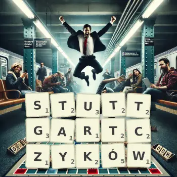 Kreatywna ilustracja do gry w Scrabble ze słowem STUTTGARTCZYKÓW ułożonym z płytek na planszy.
