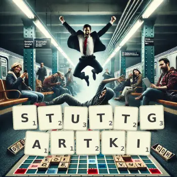 Kreatywna ilustracja do gry w Scrabble ze słowem STUTTGARTKI ułożonym z płytek na planszy.