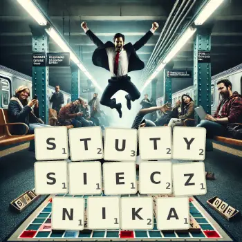 Kreatywna ilustracja do gry w Scrabble ze słowem STUTYSIECZNIKA ułożonym z płytek na planszy.