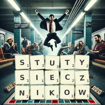 Kreatywna ilustracja do gry w Scrabble ze słowem STUTYSIECZNIKOW ułożonym z płytek na planszy.