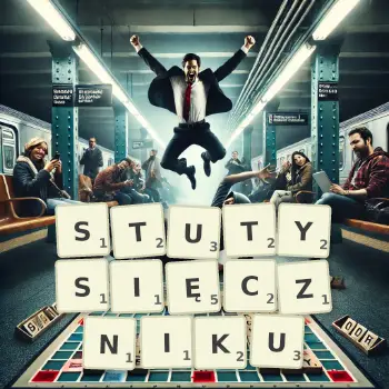 Kreatywna ilustracja do gry w Scrabble ze słowem STUTYSIĘCZNIKU ułożonym z płytek na planszy.