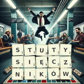 Kreatywna ilustracja do gry w Scrabble ze słowem STUTYSIĘCZNIKÓW ułożonym z płytek na planszy.