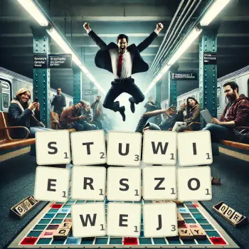Kreatywna ilustracja do gry w Scrabble ze słowem STUWIERSZOWEJ ułożonym z płytek na planszy.