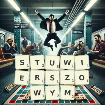 Kreatywna ilustracja do gry w Scrabble ze słowem STUWIERSZOWYM ułożonym z płytek na planszy.