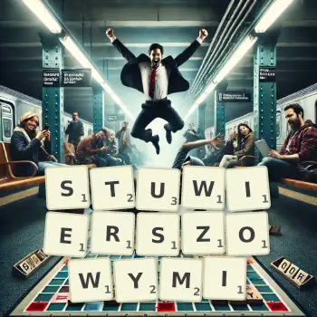 Kreatywna ilustracja do gry w Scrabble ze słowem STUWIERSZOWYMI ułożonym z płytek na planszy.