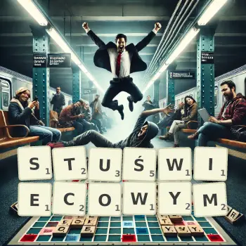 Kreatywna ilustracja do gry w Scrabble ze słowem STUŚWIECOWYM ułożonym z płytek na planszy.