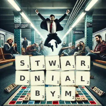 Kreatywna ilustracja do gry w Scrabble ze słowem STWARDNIALBYM ułożonym z płytek na planszy.