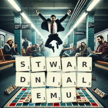 Kreatywna ilustracja do gry w Scrabble ze słowem STWARDNIALEMU ułożonym z płytek na planszy.