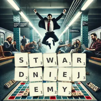 Kreatywna ilustracja do gry w Scrabble ze słowem STWARDNIEJEMY ułożonym z płytek na planszy.