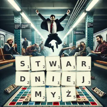 Kreatywna ilustracja do gry w Scrabble ze słowem STWARDNIEJMYŻ ułożonym z płytek na planszy.