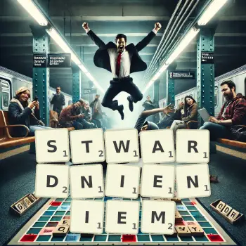 Kreatywna ilustracja do gry w Scrabble ze słowem STWARDNIENIEM ułożonym z płytek na planszy.