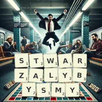 Kreatywna ilustracja do gry w Scrabble ze słowem STWARZALYBYSMY ułożonym z płytek na planszy.