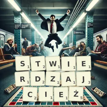 Kreatywna ilustracja do gry w Scrabble ze słowem STWIERDZAJCIEŻ ułożonym z płytek na planszy.