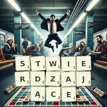 Kreatywna ilustracja do gry w Scrabble ze słowem STWIERDZAJĄCE ułożonym z płytek na planszy.