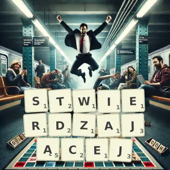 Kreatywna ilustracja do gry w Scrabble ze słowem STWIERDZAJĄCEJ ułożonym z płytek na planszy.